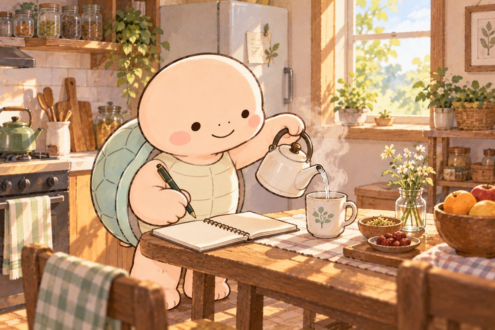 朝のキッチンで白湯を注ぎながら体調をメモする亀のナビ助