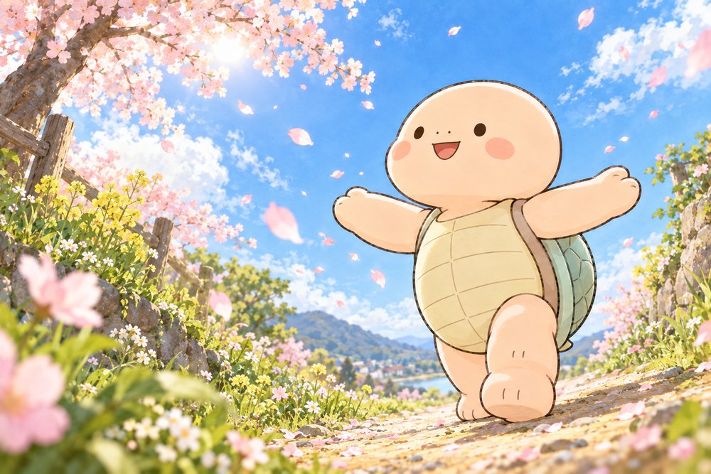 春の野原を両手を広げて歩く亀のナビ助