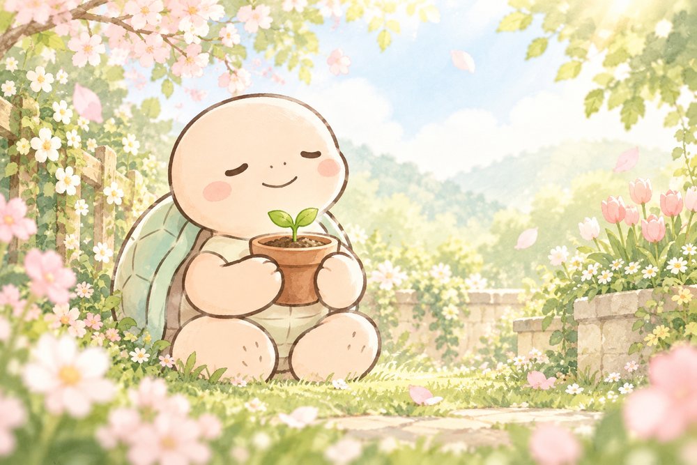 春の庭で芽の出た鉢をやさしく見つめるナビ助