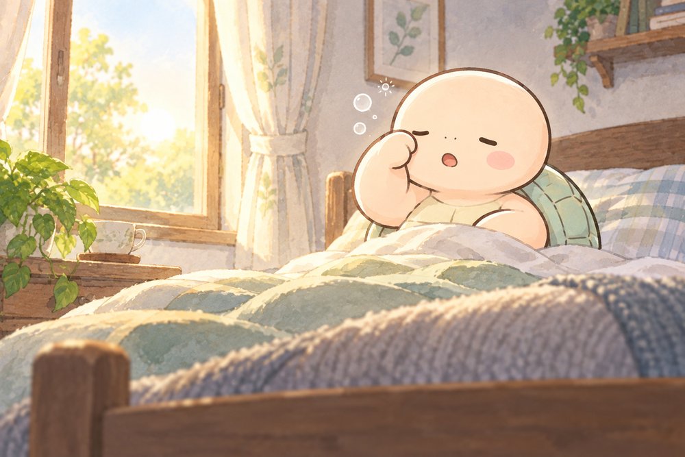 朝のふとんで眠そうに目をこする亀のナビ助