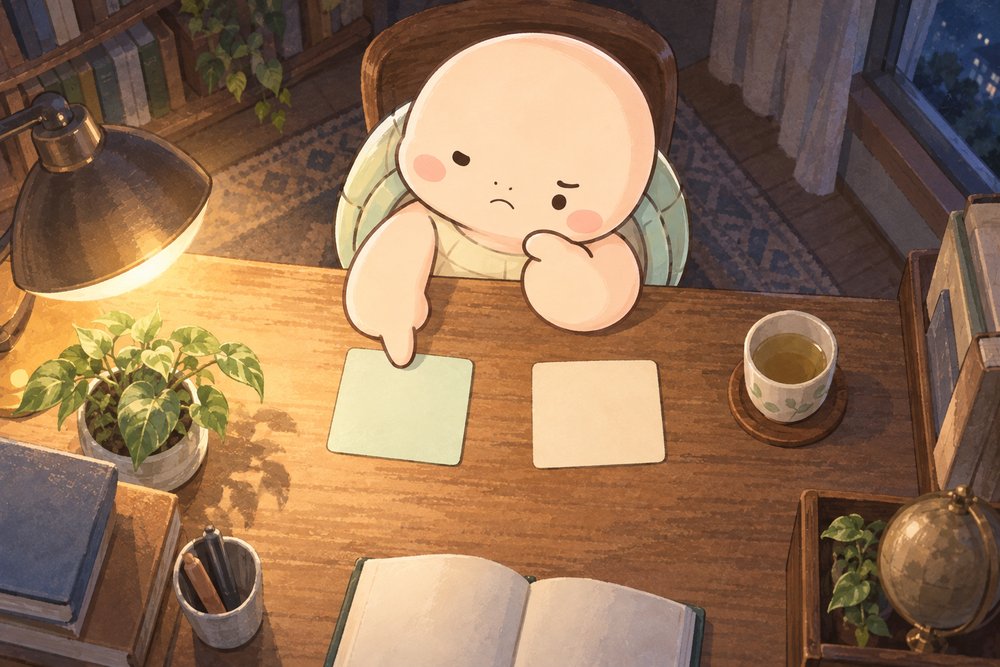 書斎の机で2枚のカードを見比べて考える亀のナビ助