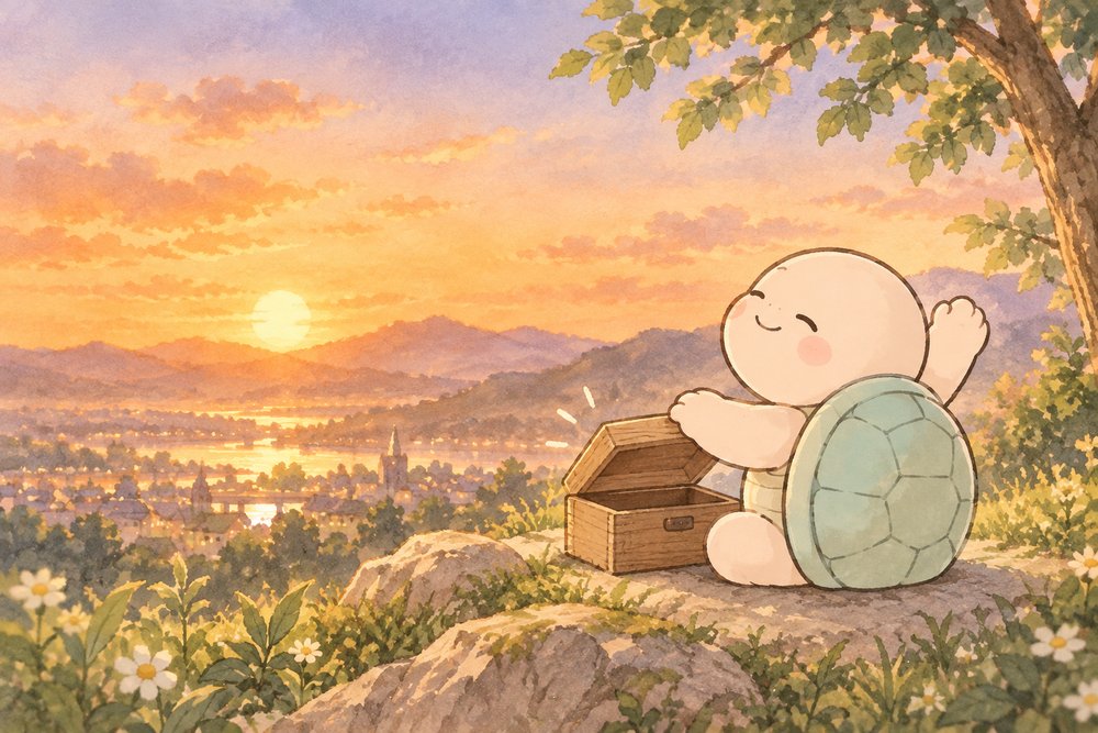夕暮れの丘で生薬の箱を閉じてすっきり笑う亀のナビ助