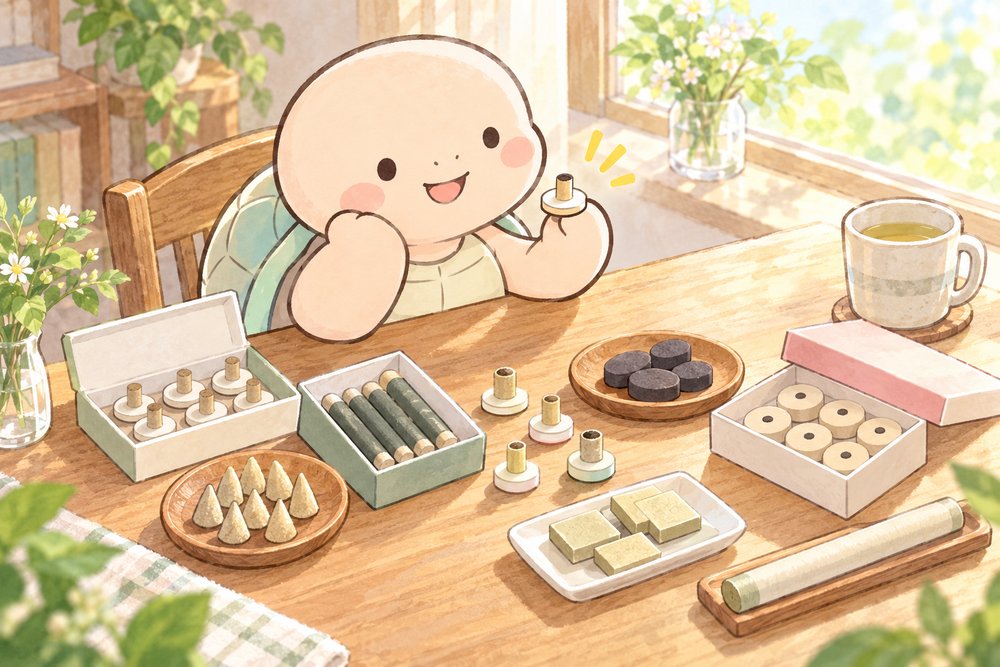 いろいろな種類のお灸を並べて見比べるナビ助