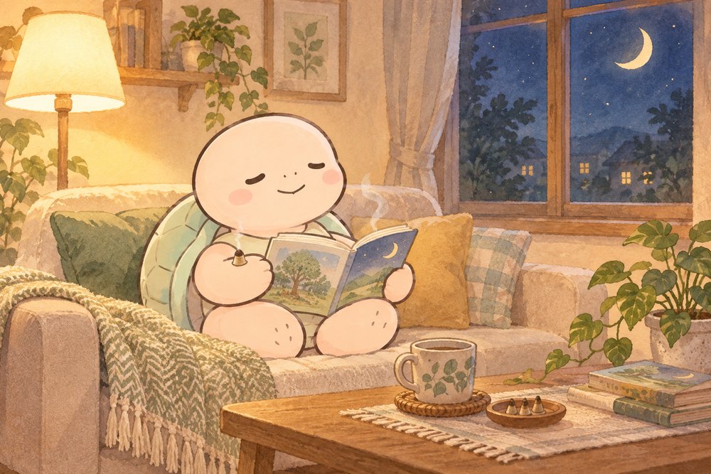 夜のソファでお灸をしながら本を読むナビ助