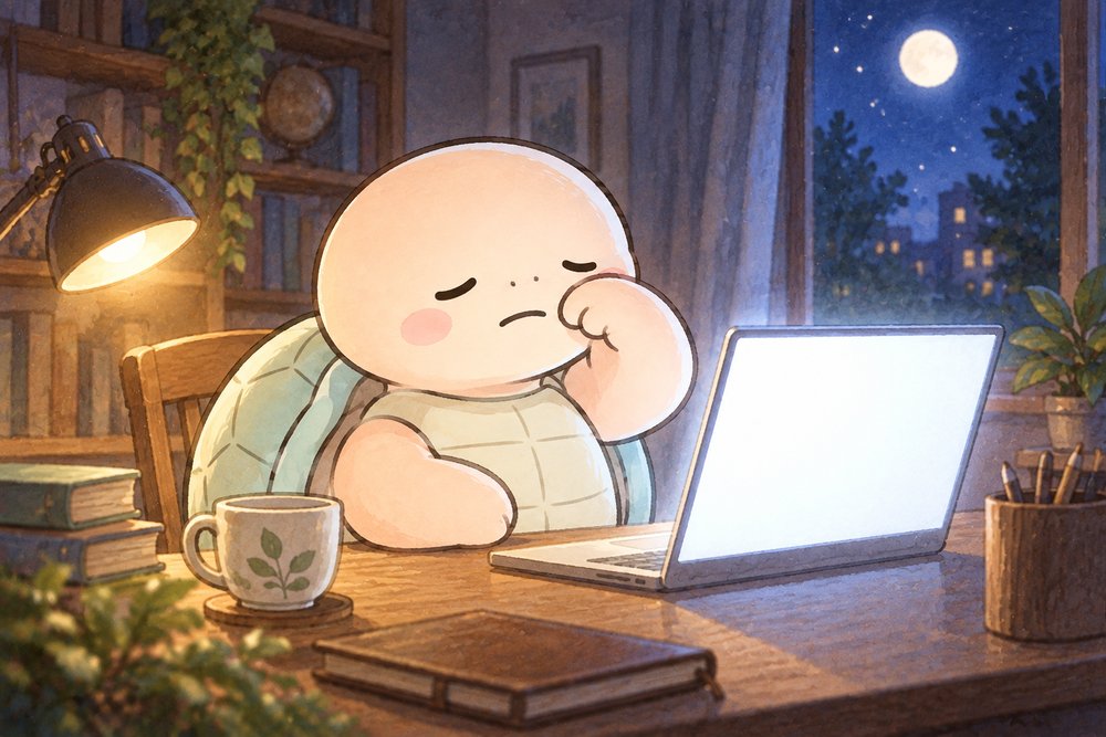 夜の書斎でパソコンの前で目をこする亀のナビ助