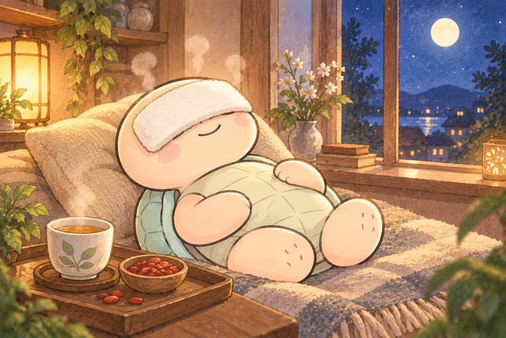 蒸しタオルをのせてうっとり休む亀のナビ助
