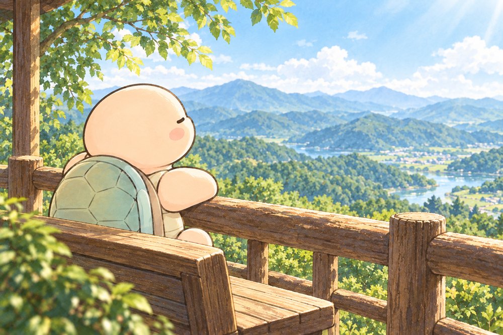 展望台から遠くの山並みを眺めて目を休める亀のナビ助