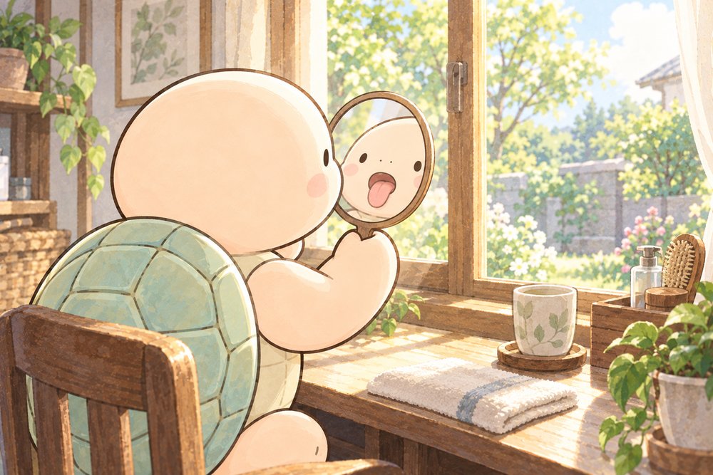 窓辺で手鏡を使って舌をチェックする亀のナビ助