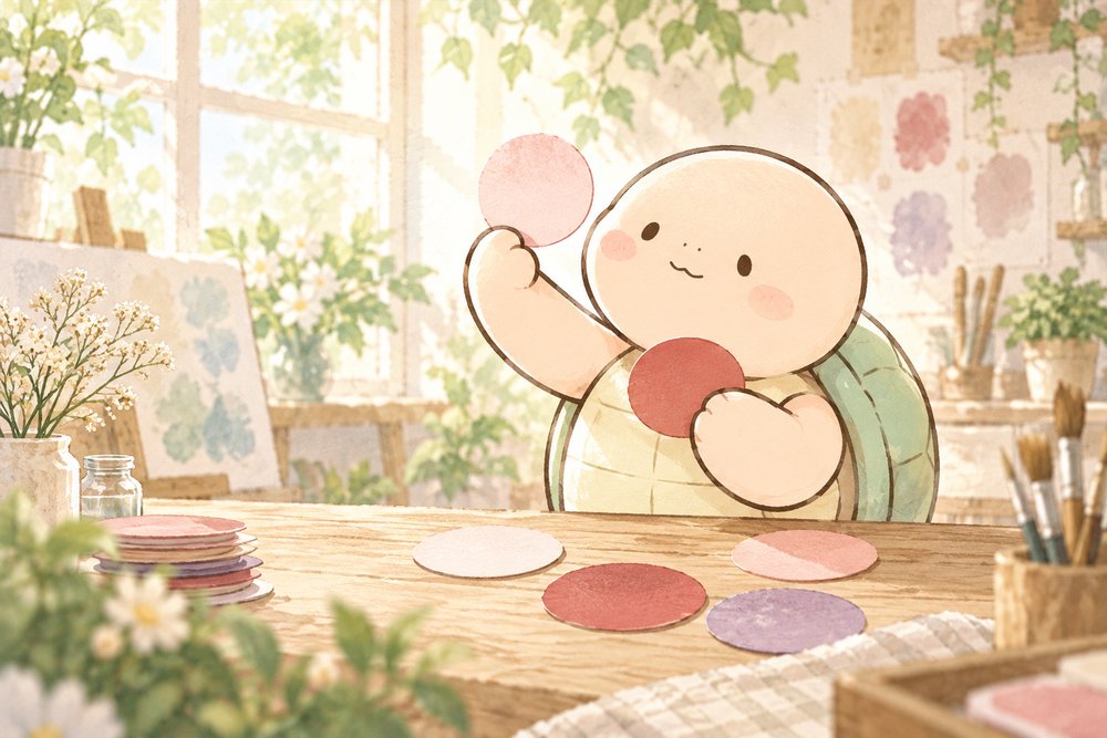 色のカードを光にかざして見比べる亀のナビ助