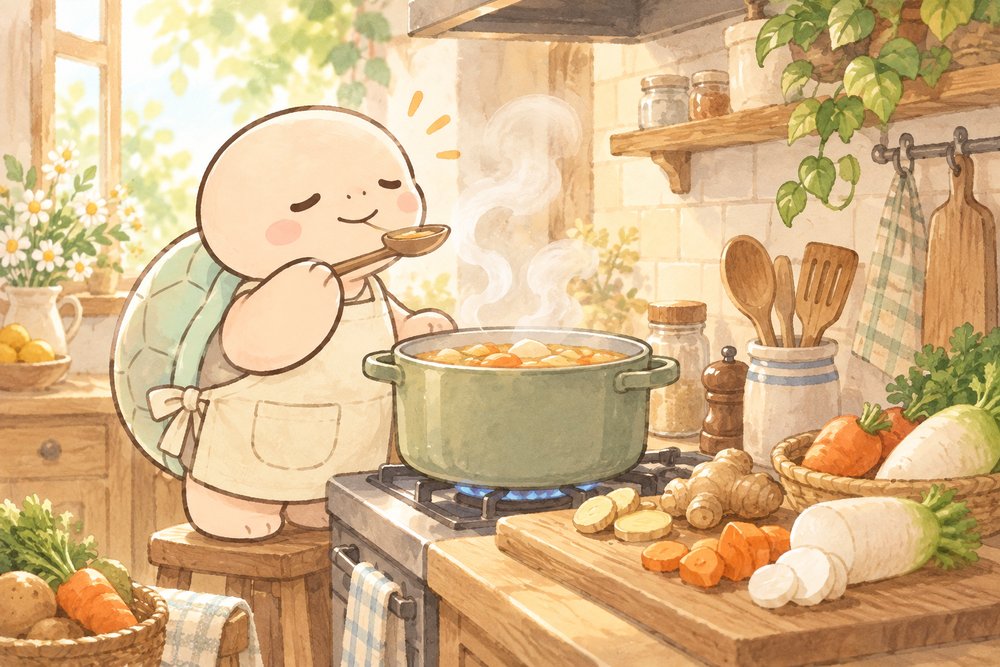 台所でしょうがと根菜のスープを味見する亀のナビ助