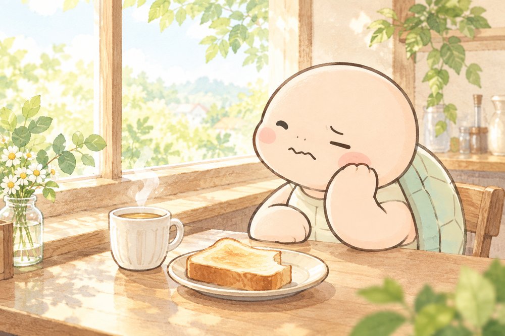 ほっぺに手を当てて口内炎がしみる亀のナビ助