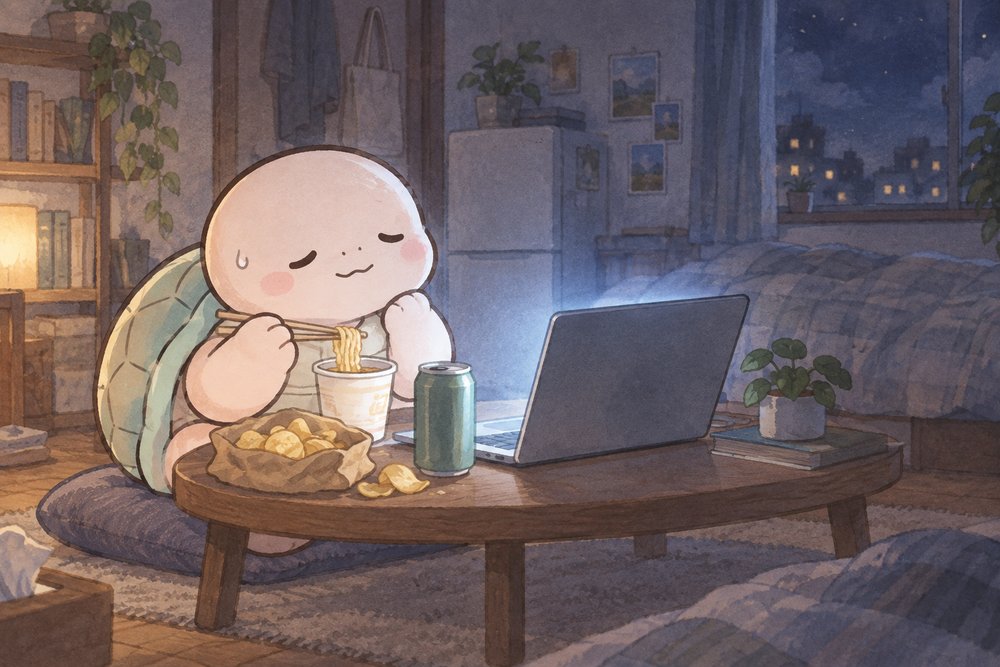 深夜にカップ麺とスナックを食べる亀のナビ助