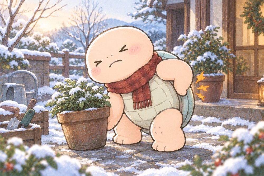 雪の庭先で腰に手を当てて痛がる亀のナビ助