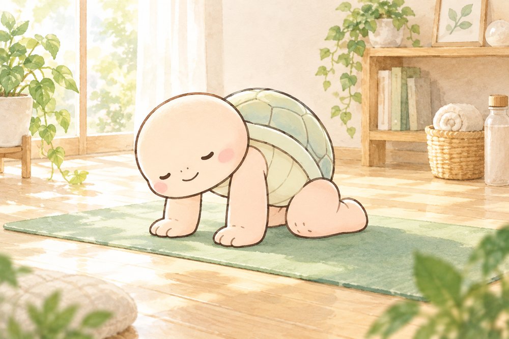 ヨガマットの上で腰をゆっくり伸ばす亀のナビ助