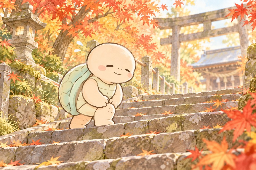 紅葉の石段を膝に手を添えてゆっくり上る亀のナビ助