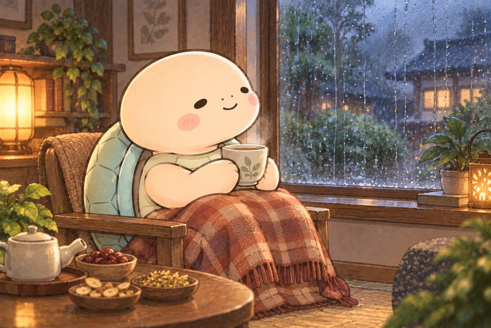 雨の日の窓辺でひざ掛けをして温まる亀のナビ助