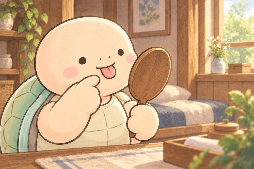 手鏡を見ながら舌を出す亀のナビ助