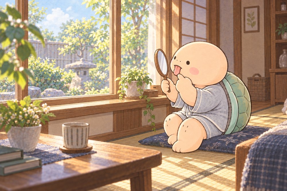 明るい窓辺で舌の色を確かめる亀のナビ助