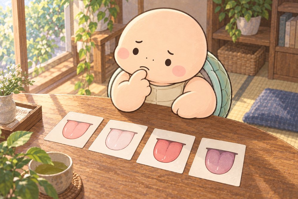 舌のタイプのカードを見比べる亀のナビ助
