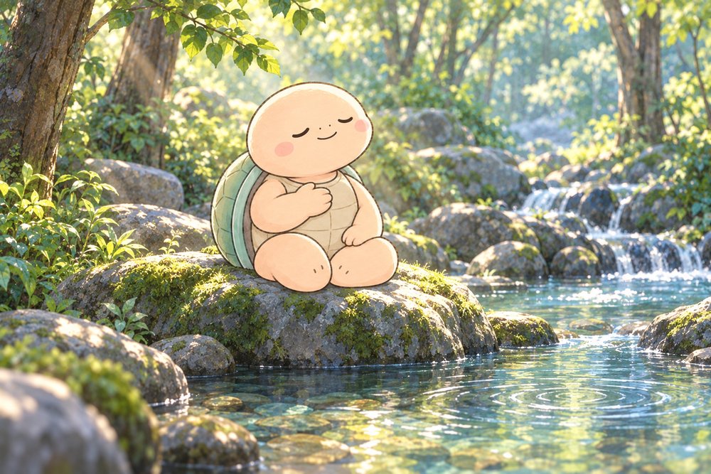 小川のほとりで胸に手を当てて体のリズムを感じる亀のナビ助