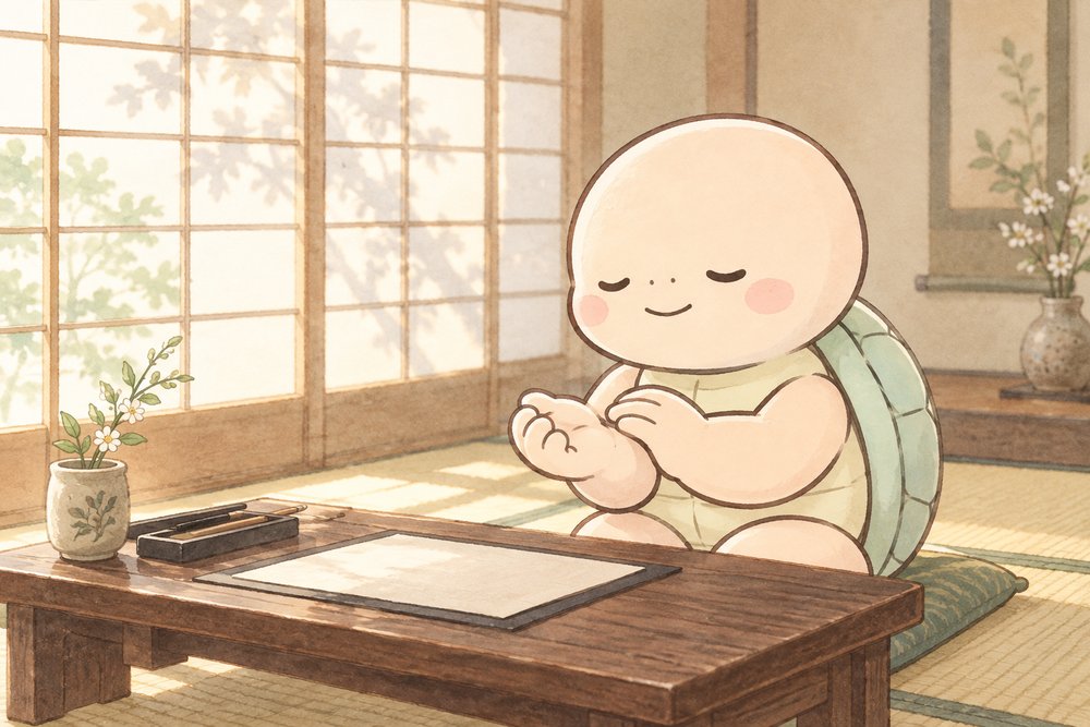 手首に指をそっと当てて脈をみる亀のナビ助