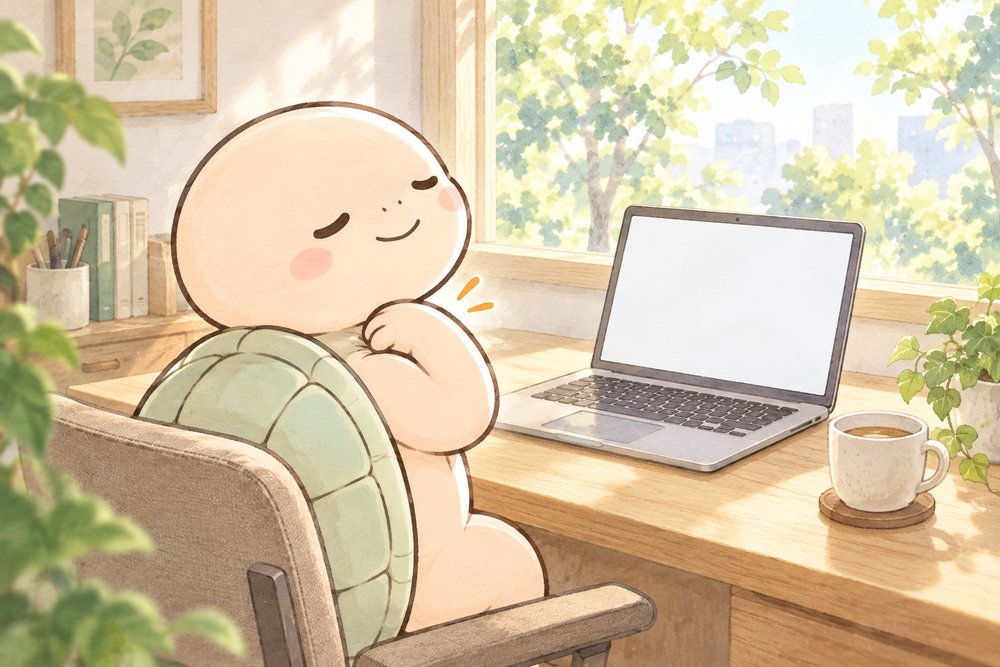 パソコン作業の合間に肩のツボを押すナビ助