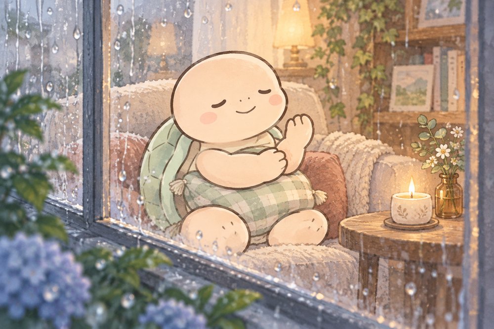 雨の日の窓辺で手首のツボを押して深呼吸するナビ助