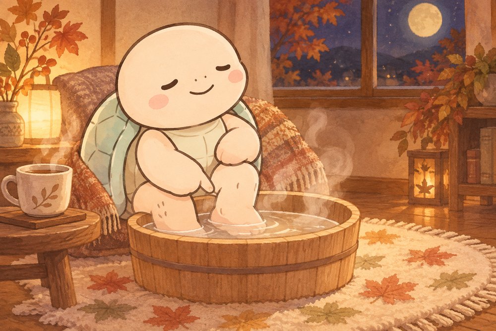 秋の夜に足湯をしながら足のツボを押すナビ助