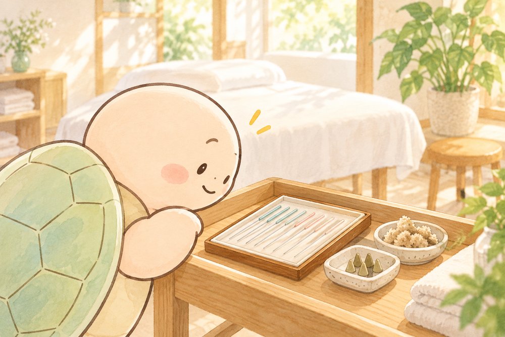治療院で鍼ともぐさをのぞき込むナビ助