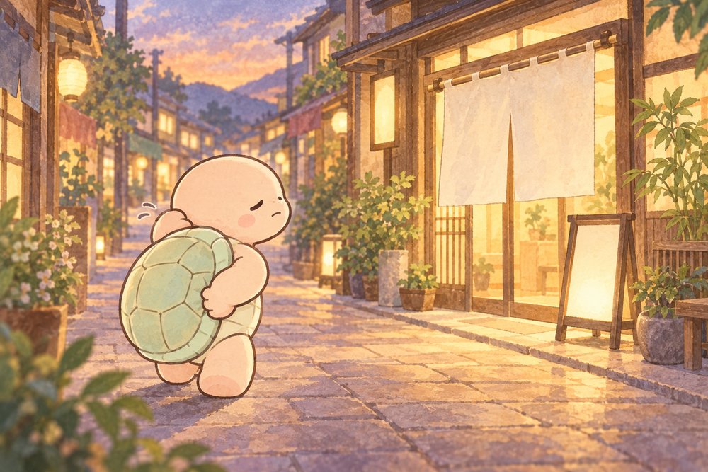 腰と首をさすりながら治療院へ向かうナビ助