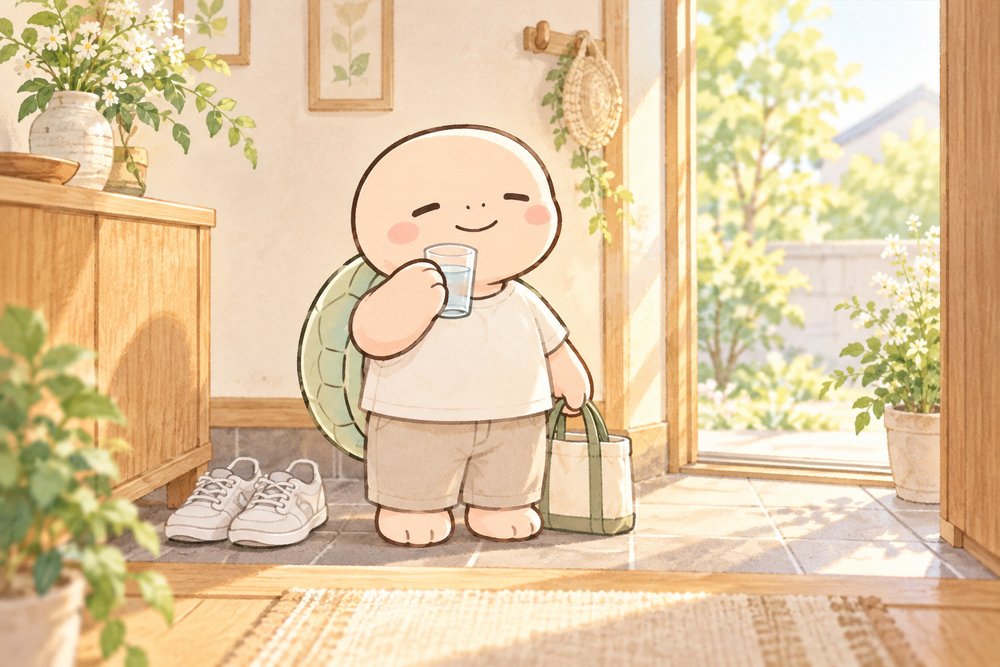ゆったりした服で水を飲み出かける準備をするナビ助