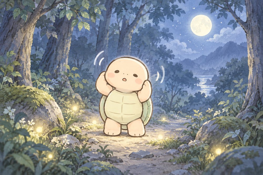夜の森で耳をすませて首をかしげる亀のナビ助