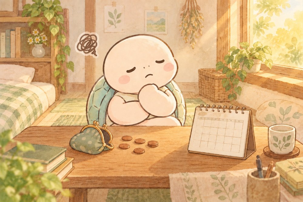 財布とカレンダーを見比べて悩むナビ助