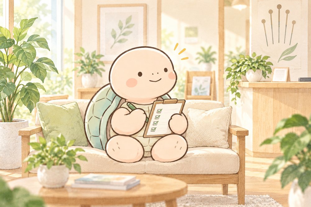 待合室でクリップボードを持ちチェックするナビ助