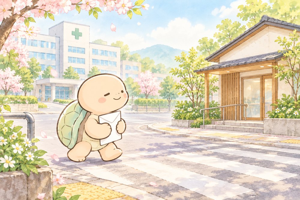 封筒を抱えて病院から治療院へ向かうナビ助