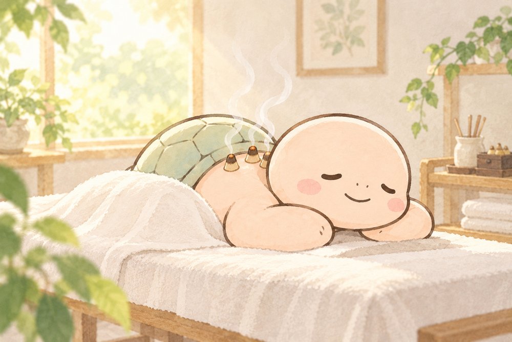 肩にお灸をのせてうっとりするナビ助