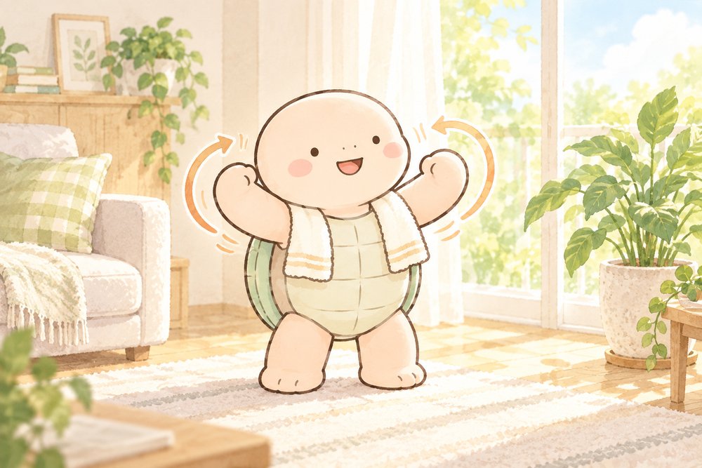 蒸しタオルを首にかけて肩回し体操をするナビ助