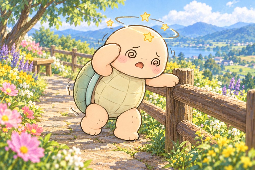花畑の小道でふらついて柵につかまる亀のナビ助