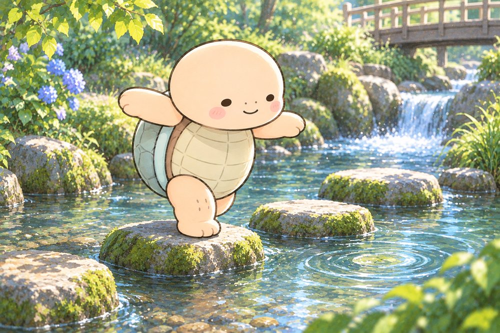 小川の飛び石の上でバランスを取る亀のナビ助