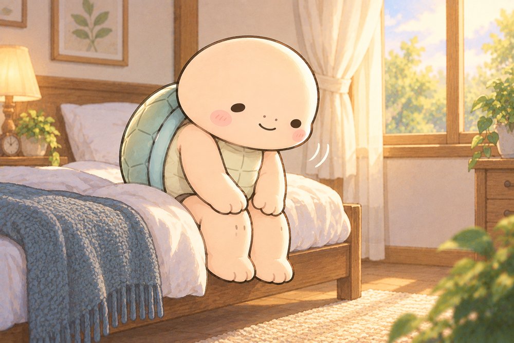 朝のベッドの端でゆっくり体を起こす亀のナビ助