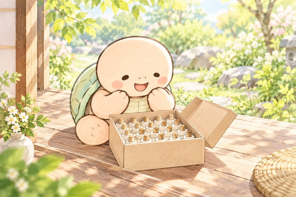 縁側で届いた台座灸の箱を開けて喜ぶナビ助
