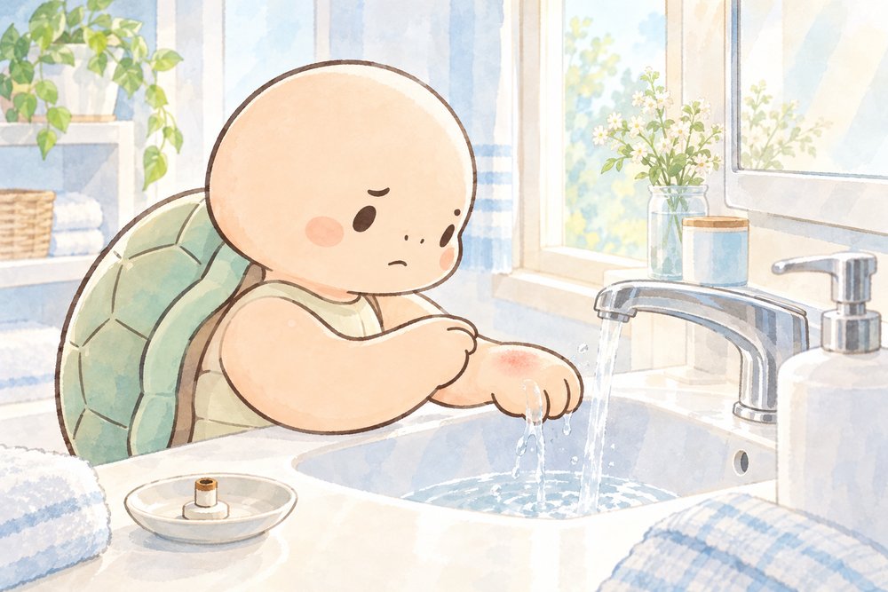 お灸のあとの手の甲を流水で冷やすナビ助