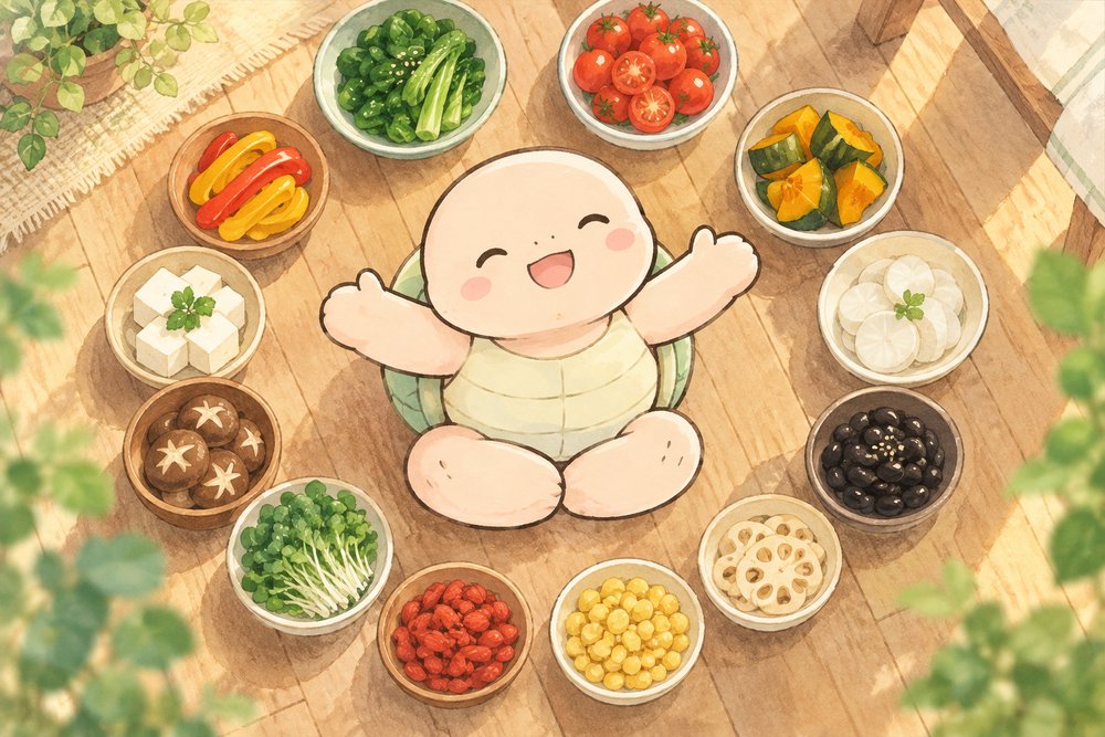 5色の食材の小鉢に囲まれて喜ぶ亀のナビ助
