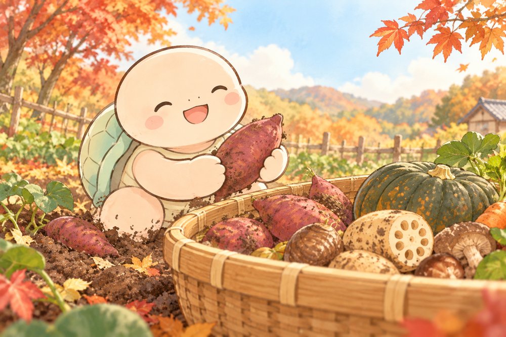 秋の菜園で旬の食材をかごに集める亀のナビ助