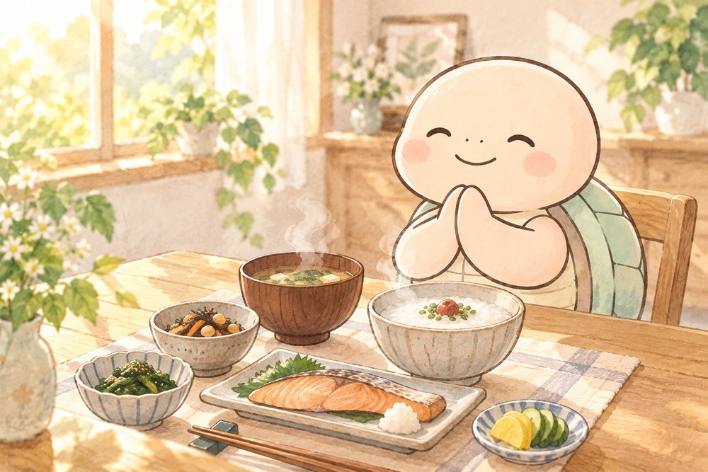 和朝食の前でいただきますをする亀のナビ助