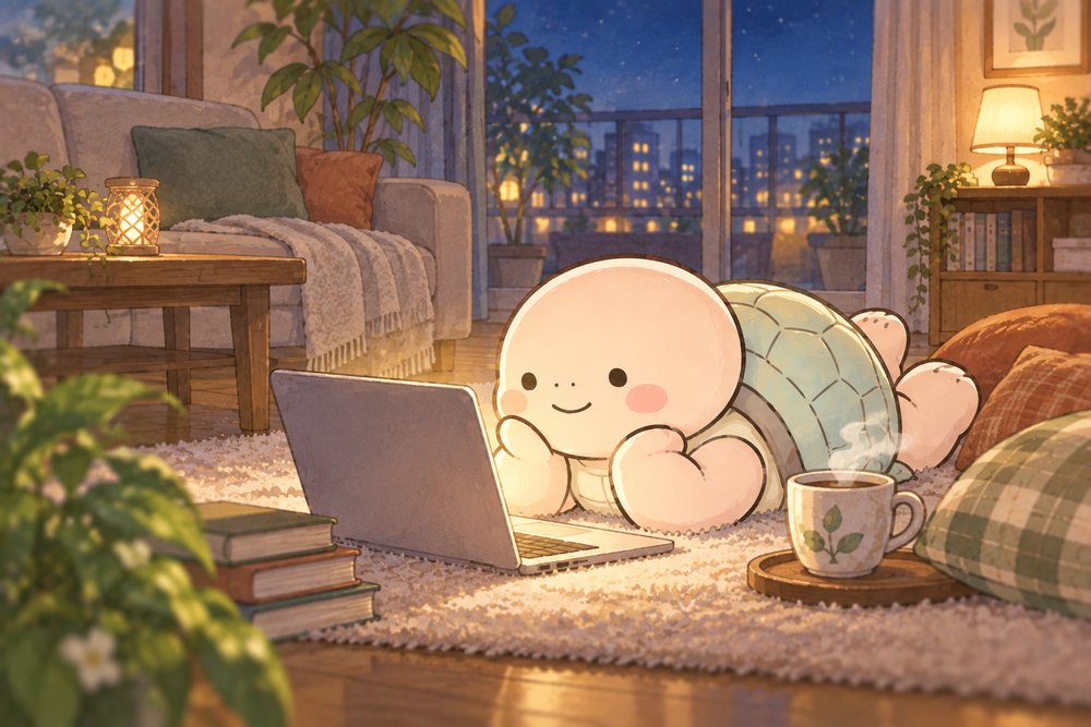 リビングでパソコンを使って専門医を調べる亀のナビ助