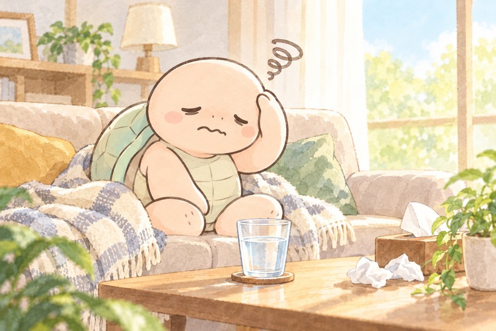 朝のソファで頭を抱えてぐったりする亀のナビ助