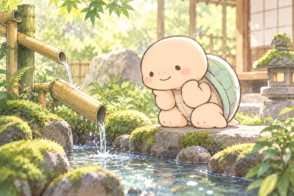 ししおどしの水の流れを見つめる亀のナビ助