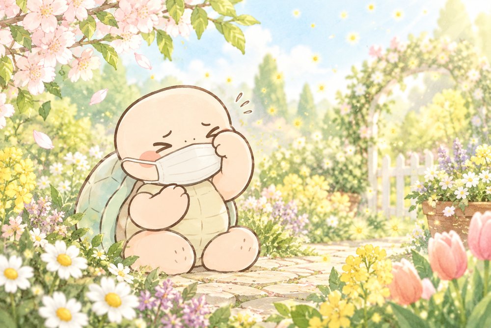 春の花粉が舞う庭でマスクをしてくしゃみをこらえるナビ助