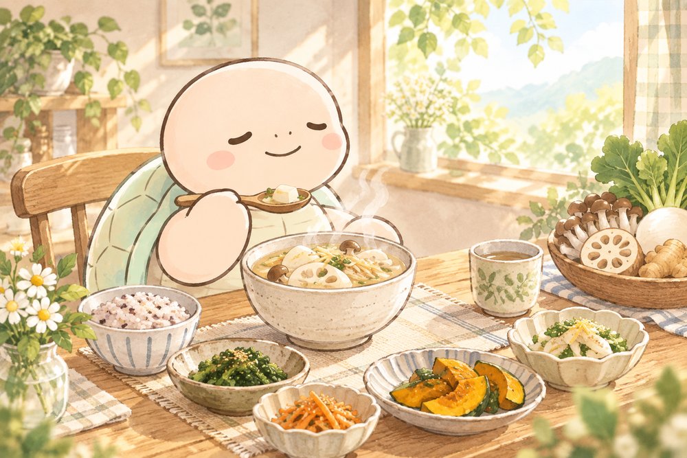 根菜スープと小鉢の食卓で体を温めるナビ助